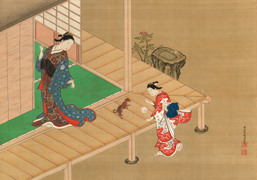 courtesan and attendant playing with a dog (1716 1736) nishikawa sukenobu 