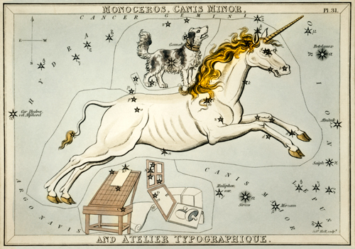 monoceros, canis minor and the atelier typographique (1831) astronomical chart illustration sidney hall 