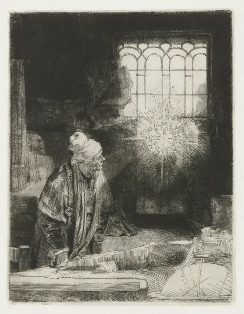 a scholar in his study (1652) rembrandt van rijn 