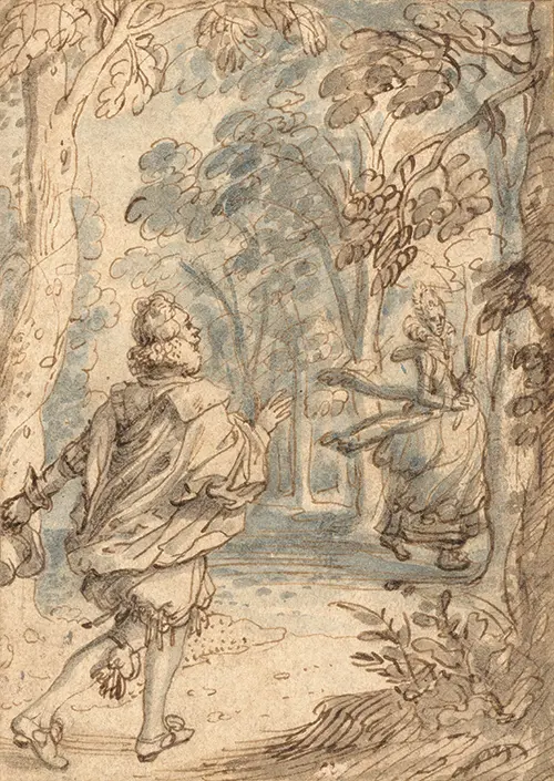 a young man pursuing his beloved into the woods (1621) david vinckboons 