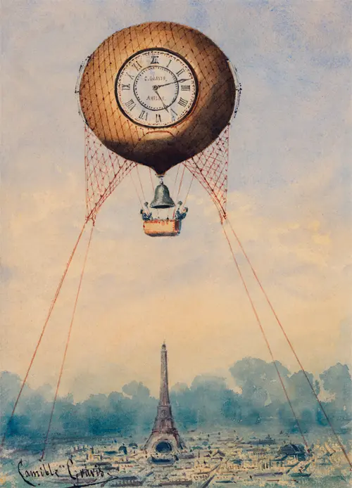 balloon with clock face and bell hovering above paris camille gravis 