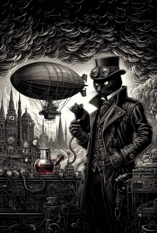 black cat with a rat pet steampunk no 1 životinje 