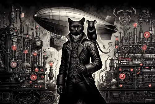 black cat with a rat pet steampunk no 3  