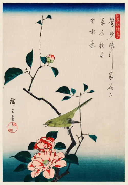 camellia and nightingale, the ukiyo e illustration japan utagawa hiroshige 