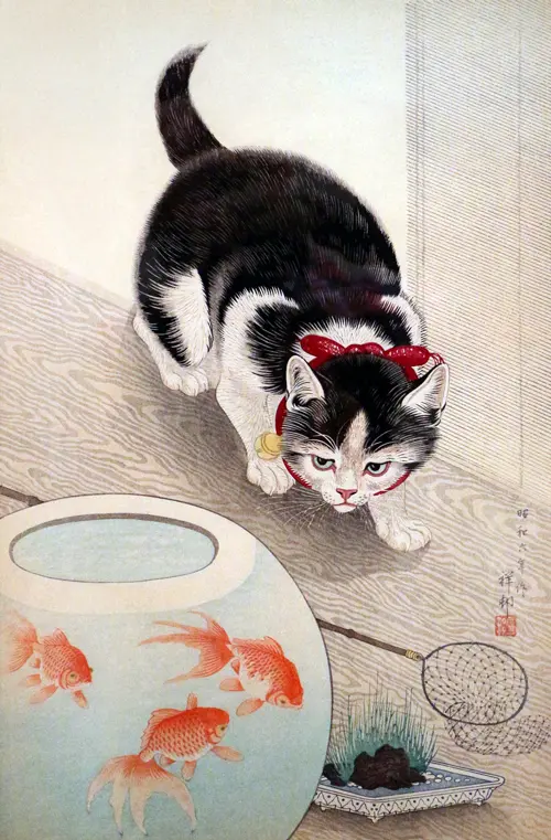 cat and goldfish bowl (1933) japan ohara koson životinje 