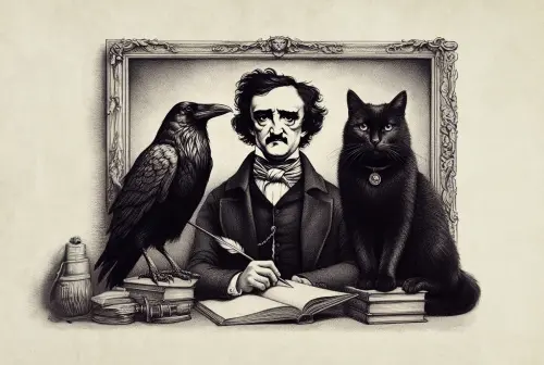 edgar allan poe portrait with raven and a cat  