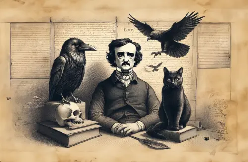 edgar allan poe, raven and a cat  