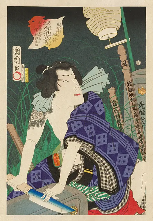 evening bell at muenji temple actor sawamura tanosuke iii as yukanba kozō no kichiza (1865) portraits of actor japan toyohara kunichika 