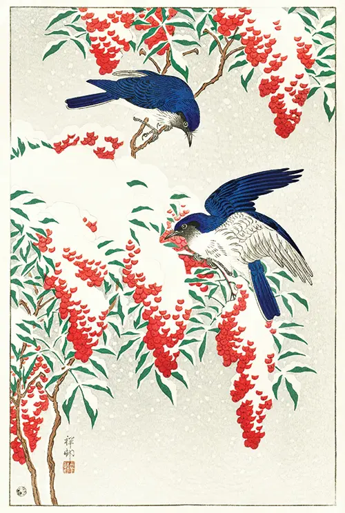 flycatchers on a nandina bush (1925 1936) japan ohara koson životinje 