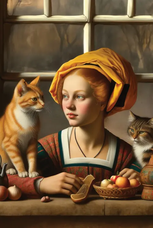 girl with cats in the kitchen životinje 