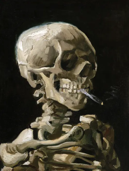 head of a skeleton with a burning cigarette (1886) vinsent van gog 