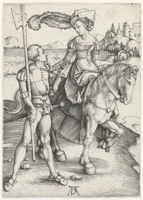 lady on horseback and landsknecht (1495 1499) albreht direr 