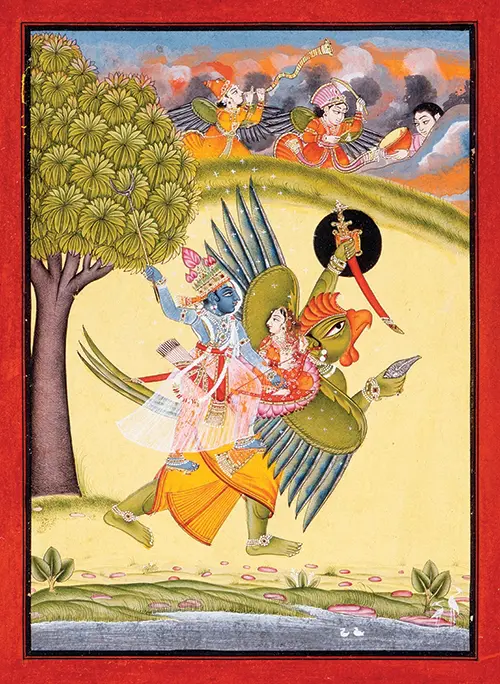 narayana (vishnu) mounting garuda with lakshmi  