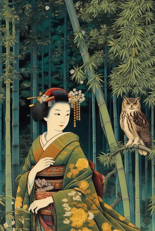 owl woman in bamboo woods japan 