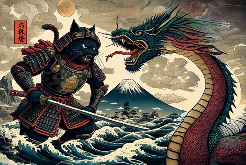 samurai cat fighting dragon  