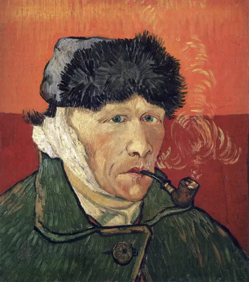 self portrait with bandaged ear and pipe (1889) vinsent van gog 
