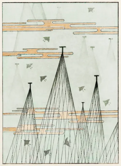 skyscape with birds flying illustrastion japan 