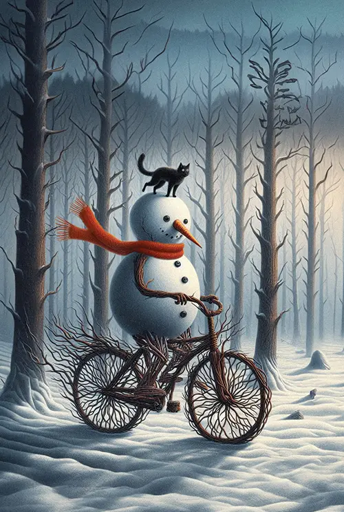 snowman and cat riding bicycle  