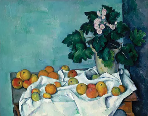 still life with apples and a pot of primroses (1890) paul cézanne 