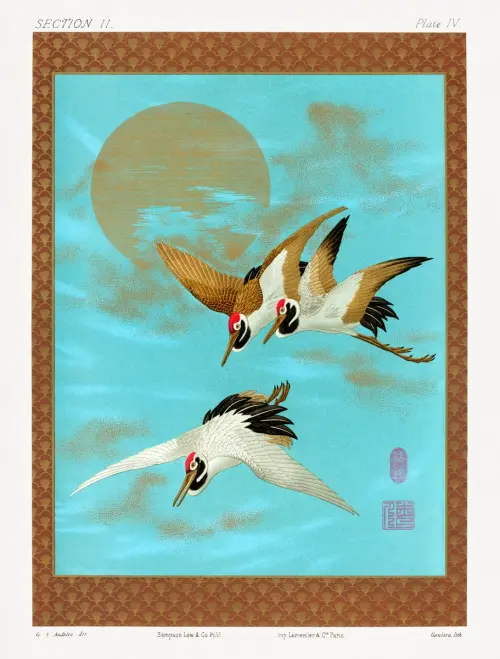 three sarus crane flying in front of the moon (1884) the ornamental arts of japan g a audsley japan 