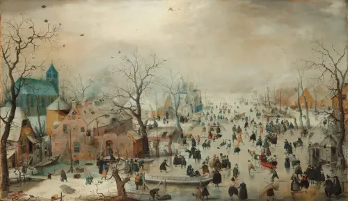 winter landscape with ice skaters (1608) hendrick avercamp 