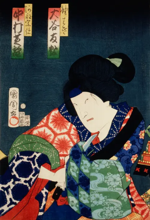 woman in colorful clothing, ukyio e style illustration portraits of actor japan toyohara kunichika 