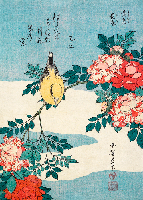 katsushika hokusai s warbler and roses (1834) shibata zeshin 