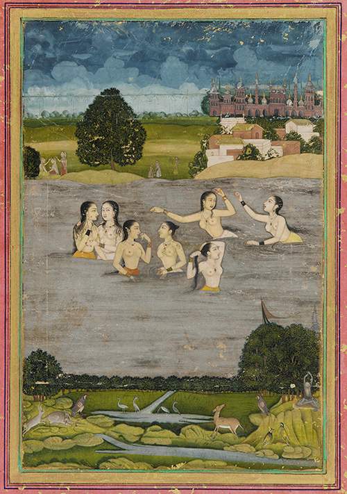 women bathing in a lake  