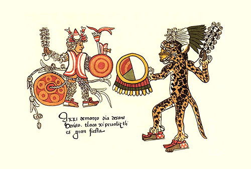 astečki jaguar ratnik (tlahuahuanque) u ritualnoj žrtvenoj borbi codex magliabechiano (16 vek)  