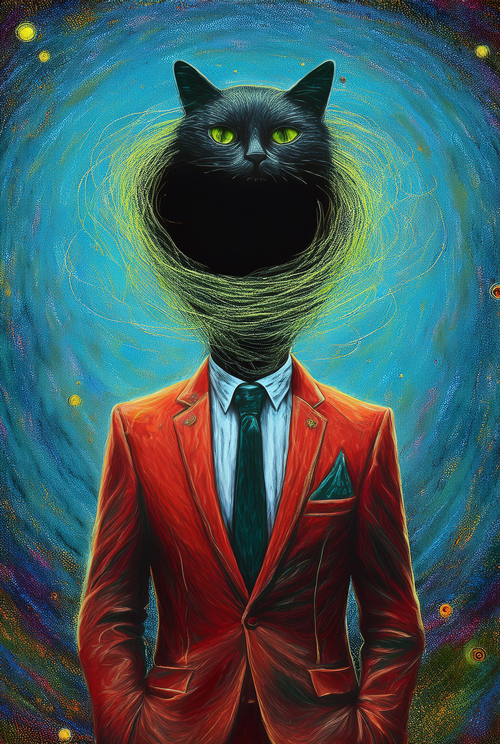 black hole headed man with a spaghettified cat  