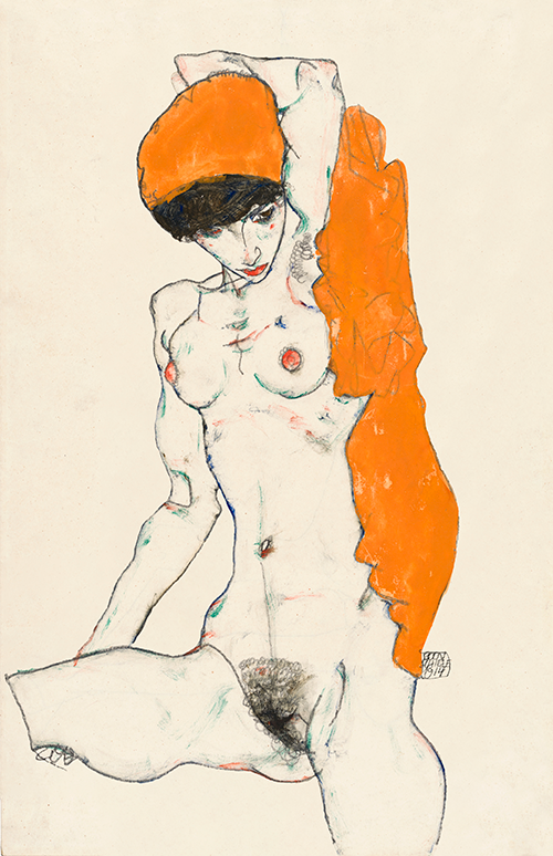 vulgar naked woman standing nude with orange drapery (1914) egon schiele 