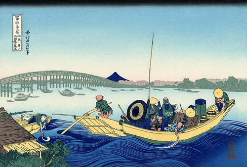 zalazak sunca preko mosta rjogoku sa obale reke sumida u onmajagašiju (1830 32) katsushika hokusai 