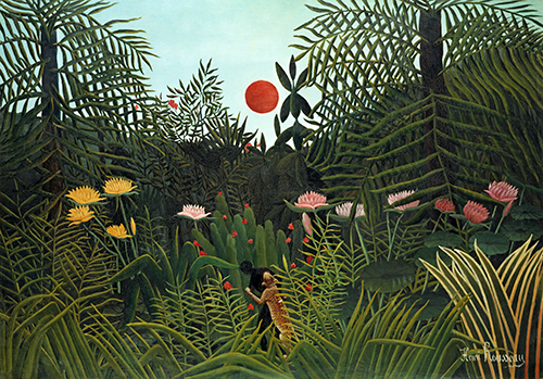 virgin forest with sunset (1910) henri rousseau 