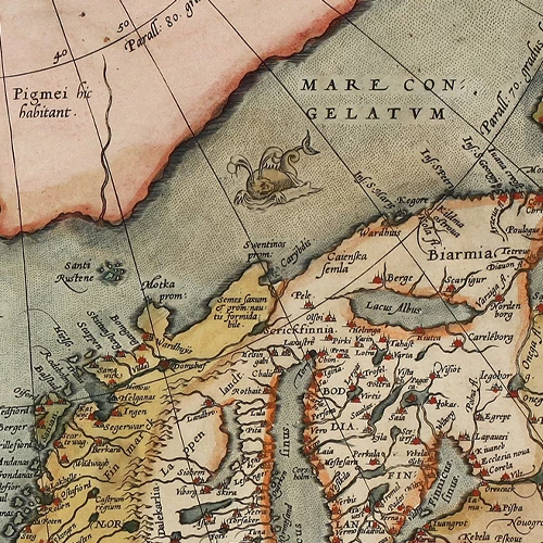 mapa severnih oblasti severni atlantik, arktik, skandinavija, sibir, kanada, mitska ostrva (1584) abraham ortelius 