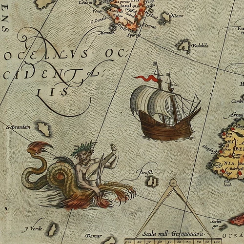 mapa severnih oblasti severni atlantik, arktik, skandinavija, sibir, kanada, mitska ostrva (1584) abraham ortelius 