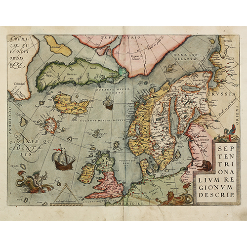 mapa severnih oblasti severni atlantik, arktik, skandinavija, sibir, kanada, mitska ostrva (1584) abraham ortelius 