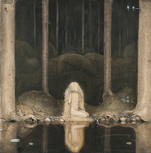 princeza tuvstar gleda u tamne vode šumskog jezera (1913) john bauer 