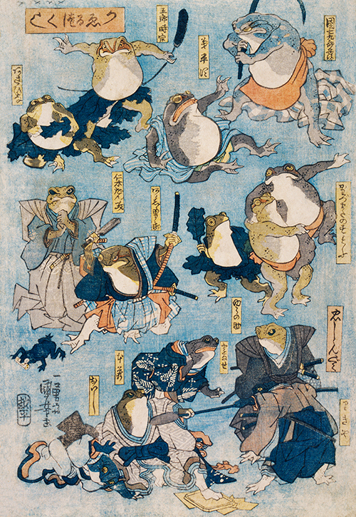 čuveni heroji kabuki pozornice koje igraju žabe (1798 1861) utagawa kuniyoshi 