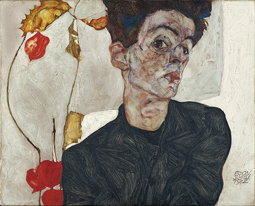 self portrait with physalis (1912) egon schiele 