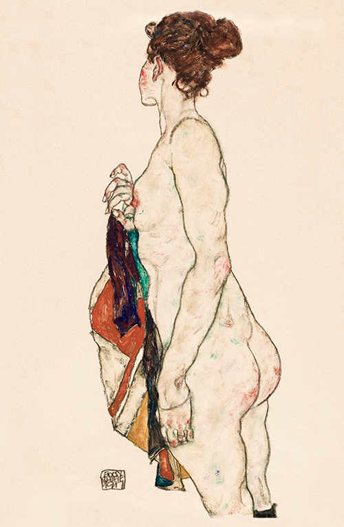 standing nude woman with a patterned robe (1917) egon schiele 