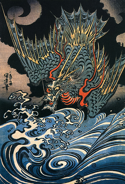 zmaj leti iznad uzburkanih talasa (1831) utagawa kuniyoshi 